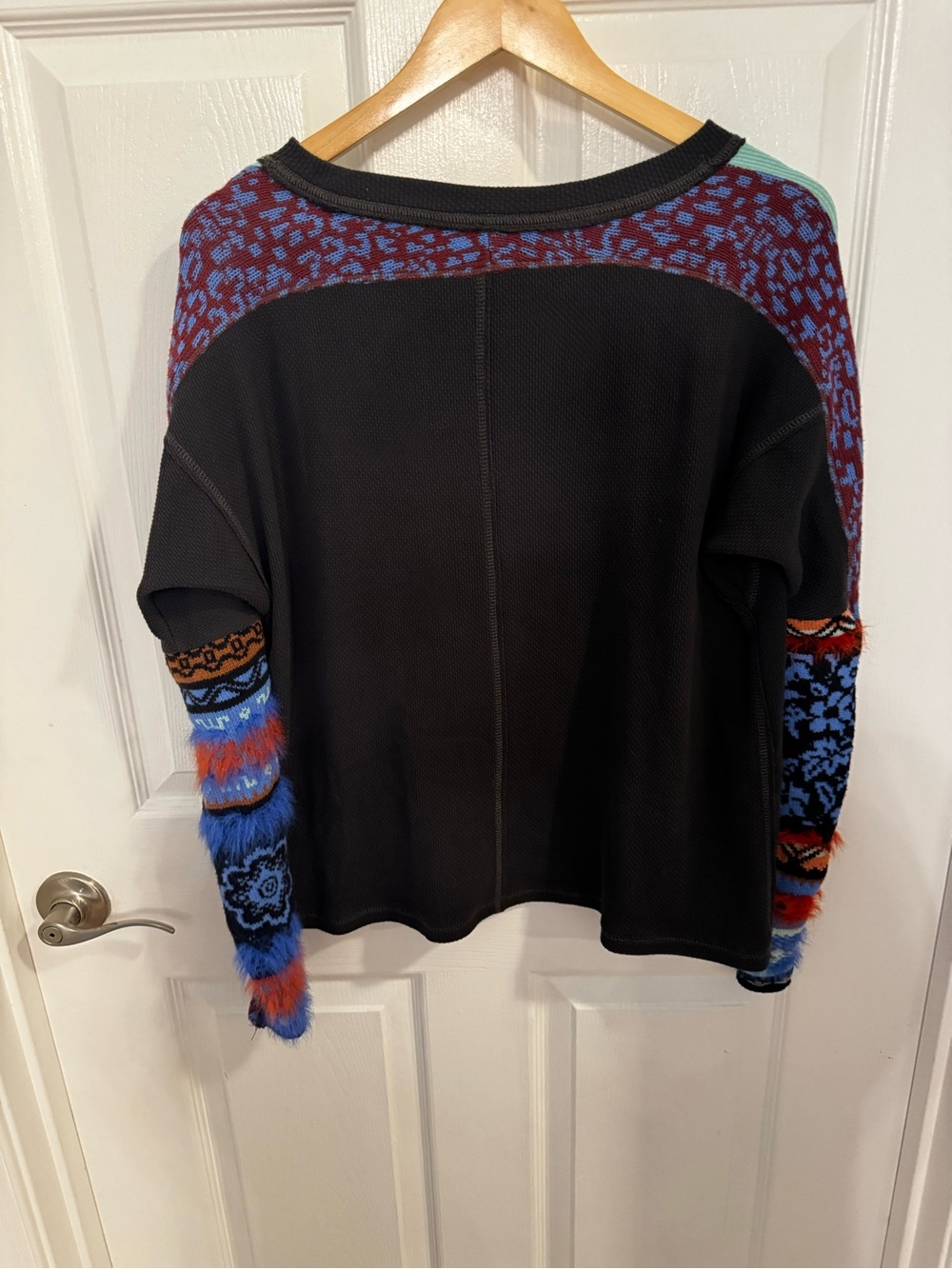Free People Black Sweatshirt with Mint Trim and Multicolor Patterned Sleeves - Picture 2 of 5